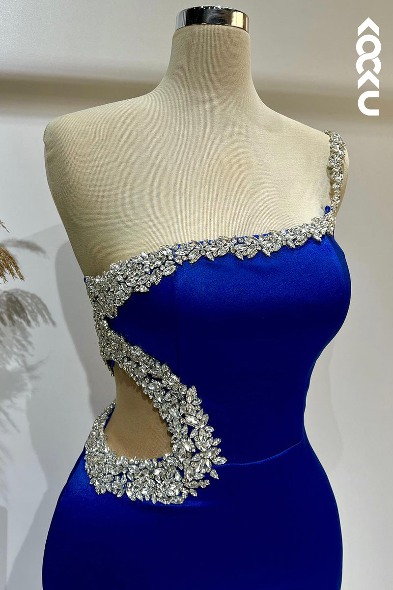 L2703 - Couture & Ornate One Shoulder Sleeveless Sheath Side Slit Prom Dress With Rhinestones