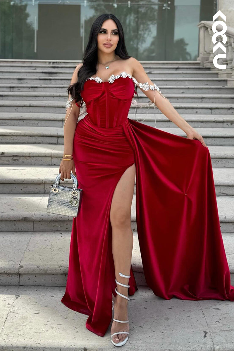 L2752 - Elegant & Luxurious Off-Shoulder Rhinestones Cap Sleeves Ruched Slit Sheath Prom Dress