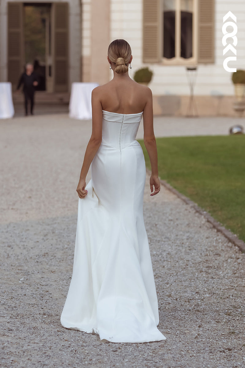 K1983 - Classic & Timeless Off-Shoulder Sleeveless Sheath Side Slit Ruched Wedding Dress