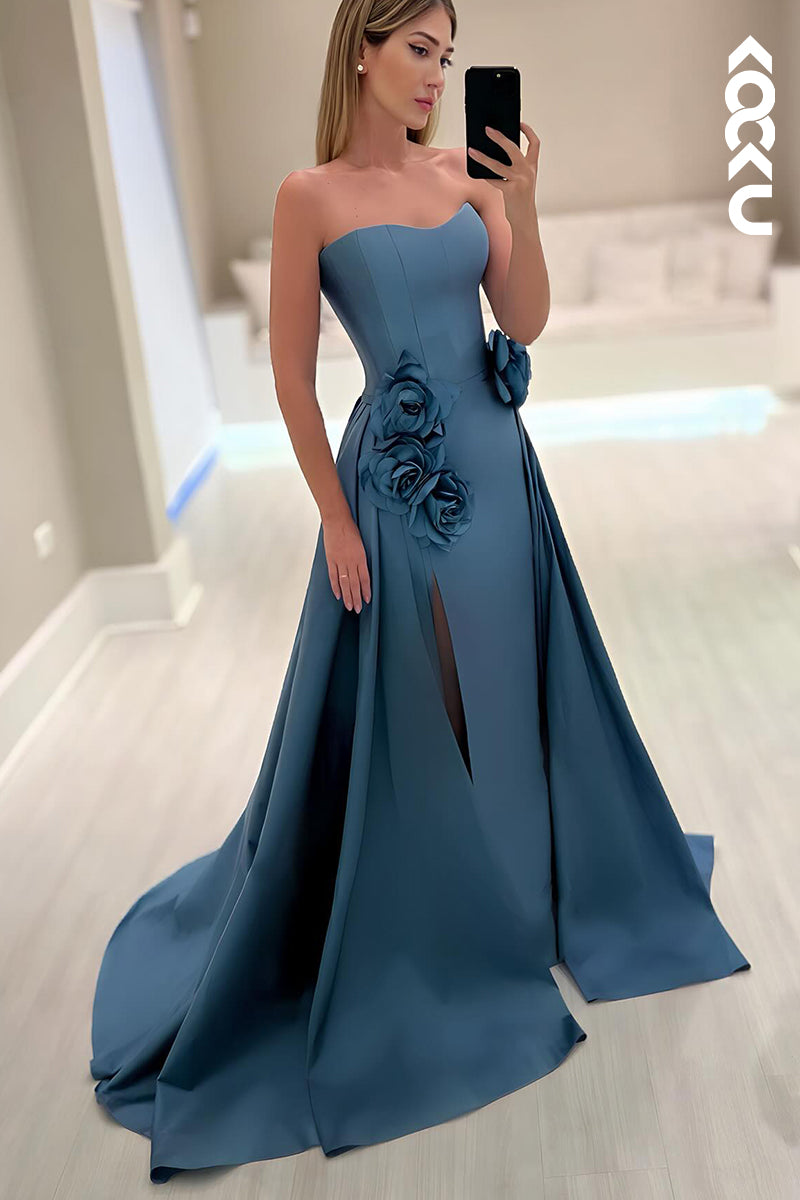L2775 - Gorgeous & Charming A-line Off-Shoulder Strapless Slit Prom Dress With Flower