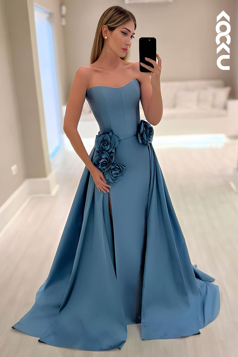 L2775 - Gorgeous & Charming A-line Off-Shoulder Strapless Slit Prom Dress With Flower