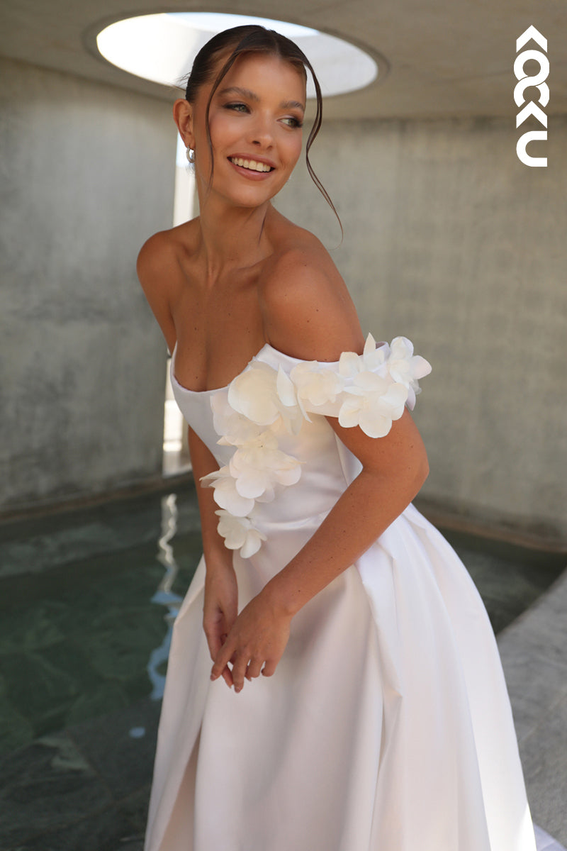K1907 - Simple & Elegant Off-Shoulder Cap SLeeves Side Slit A-line Wedding Dress