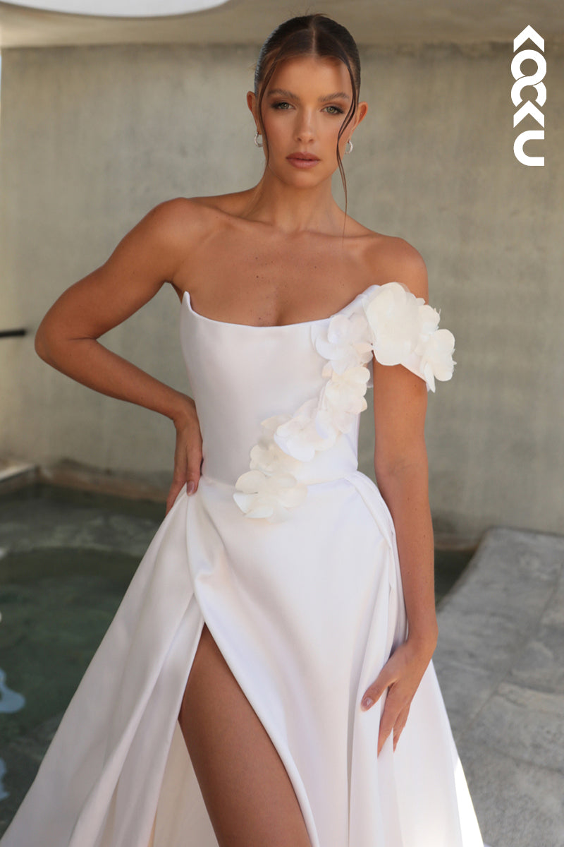 K1907 - Simple & Elegant Off-Shoulder Cap SLeeves Side Slit A-line Wedding Dress