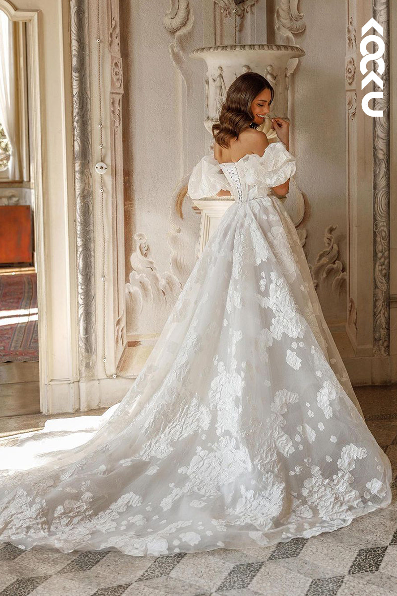 K1937 - Gorgeous & Charming Off-Shoulder Cap Sleeves A-line Applique Slit Wedding Dress