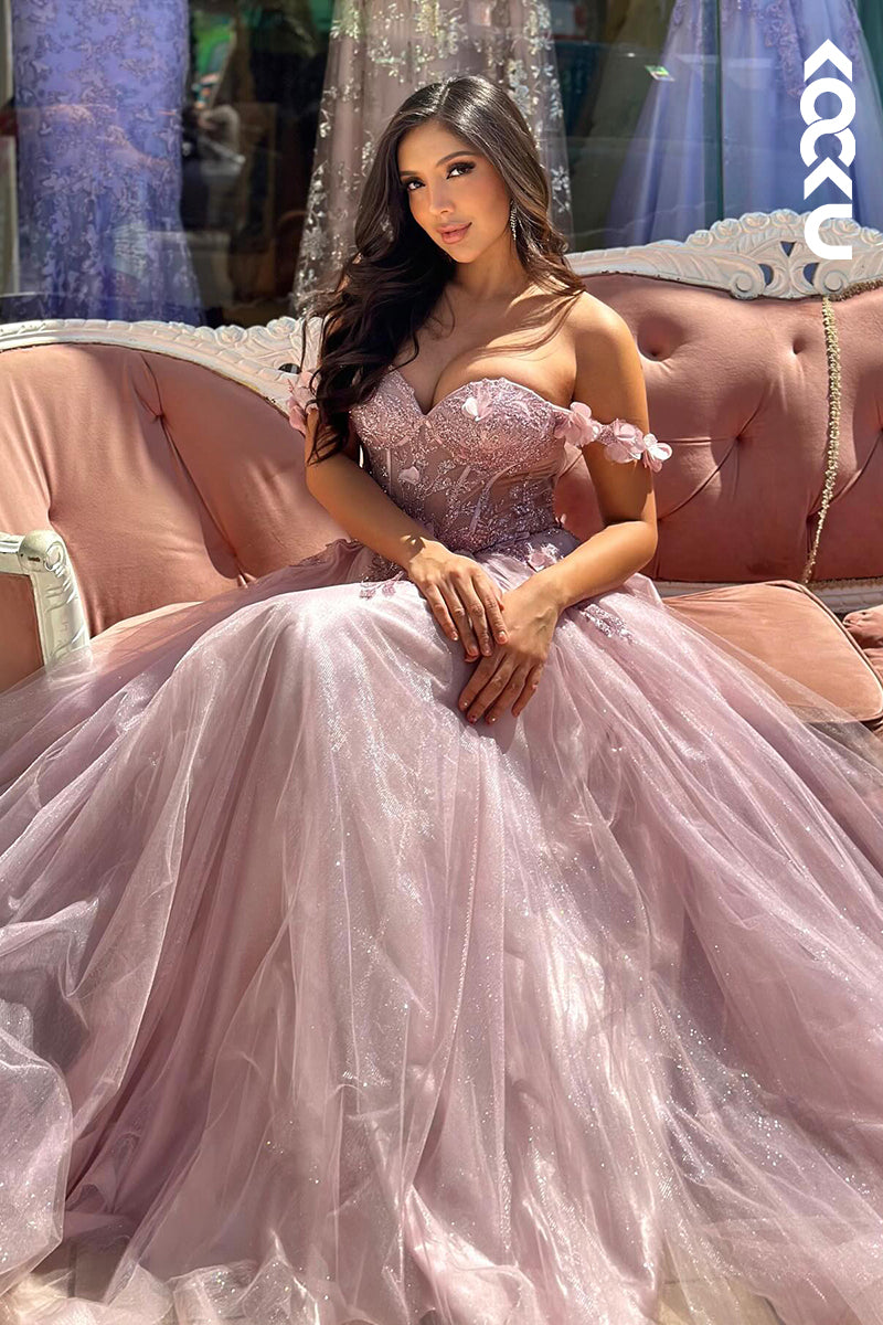 L2944 - Elegant & Luxurious Appliques A-Line Off-Shoulder Cap Sleeves Tulle Party Prom Dress