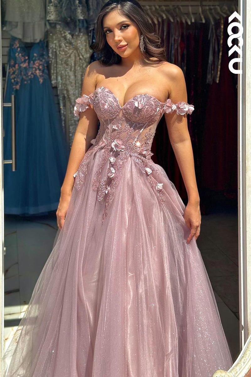 L2944 - Elegant & Luxurious Appliques A-Line Off-Shoulder Cap Sleeves Tulle Party Prom Dress