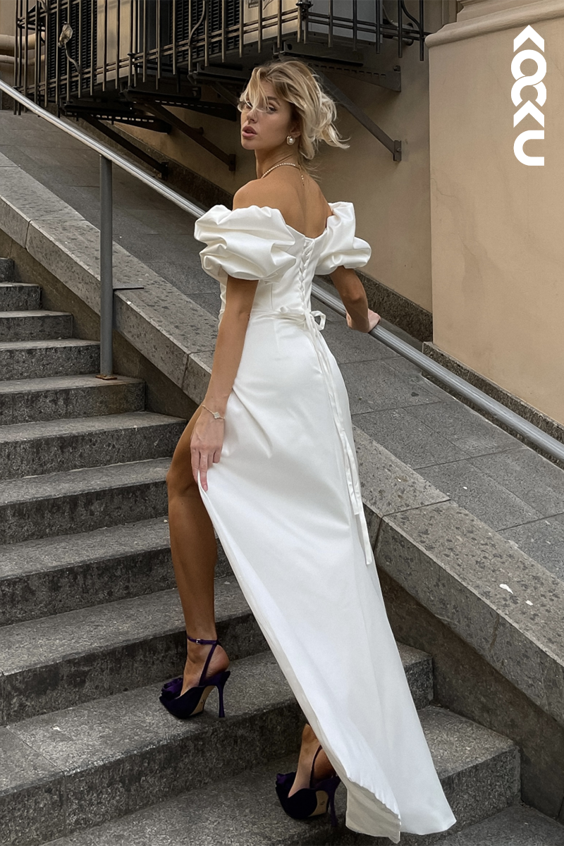 K1910 - Couture & Ornate Cap Sleeves Off-Shoulder Sheath Ruched Side Slit Wedding Dress