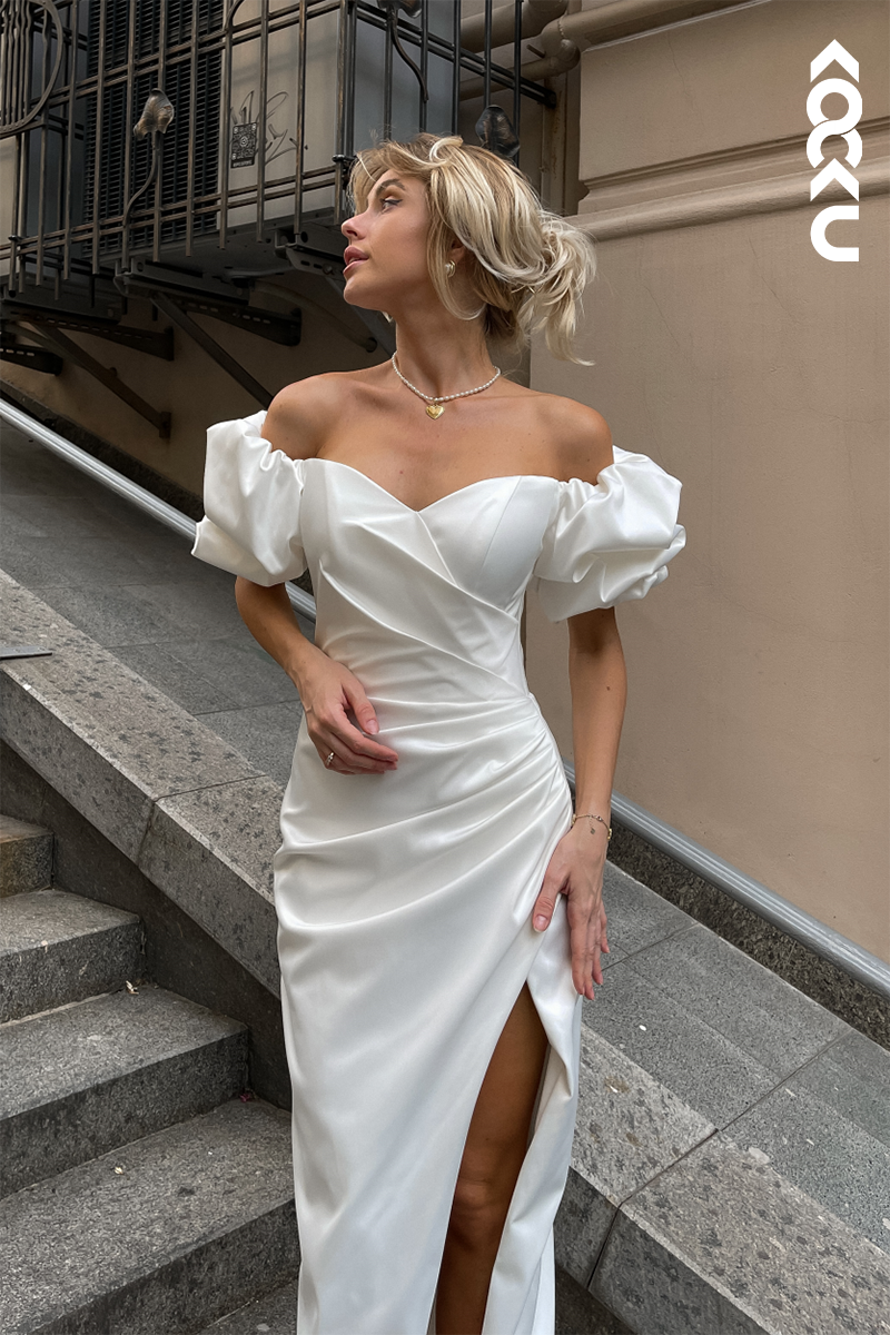 K1910 - Couture & Ornate Cap Sleeves Off-Shoulder Sheath Ruched Side Slit Wedding Dress