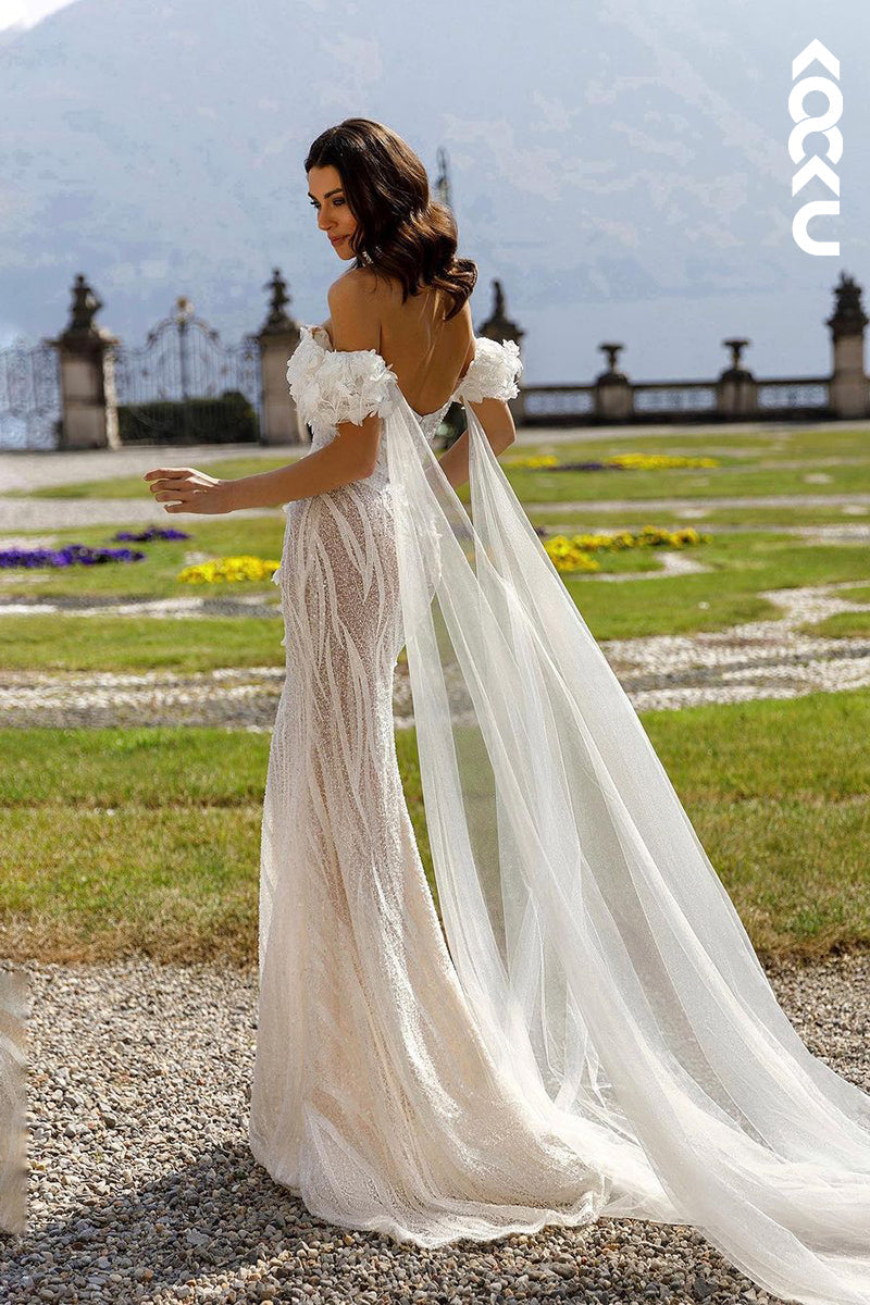 K1938 - Couture & Ornate Off-Shoulder Cap Sleeves Sheath Applique Wedding Dress