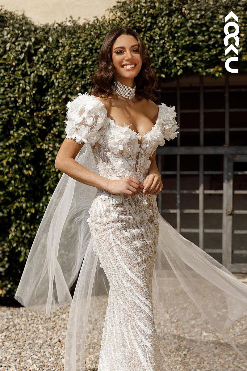 K1938 - Couture & Ornate Off-Shoulder Cap Sleeves Sheath Applique Wedding Dress