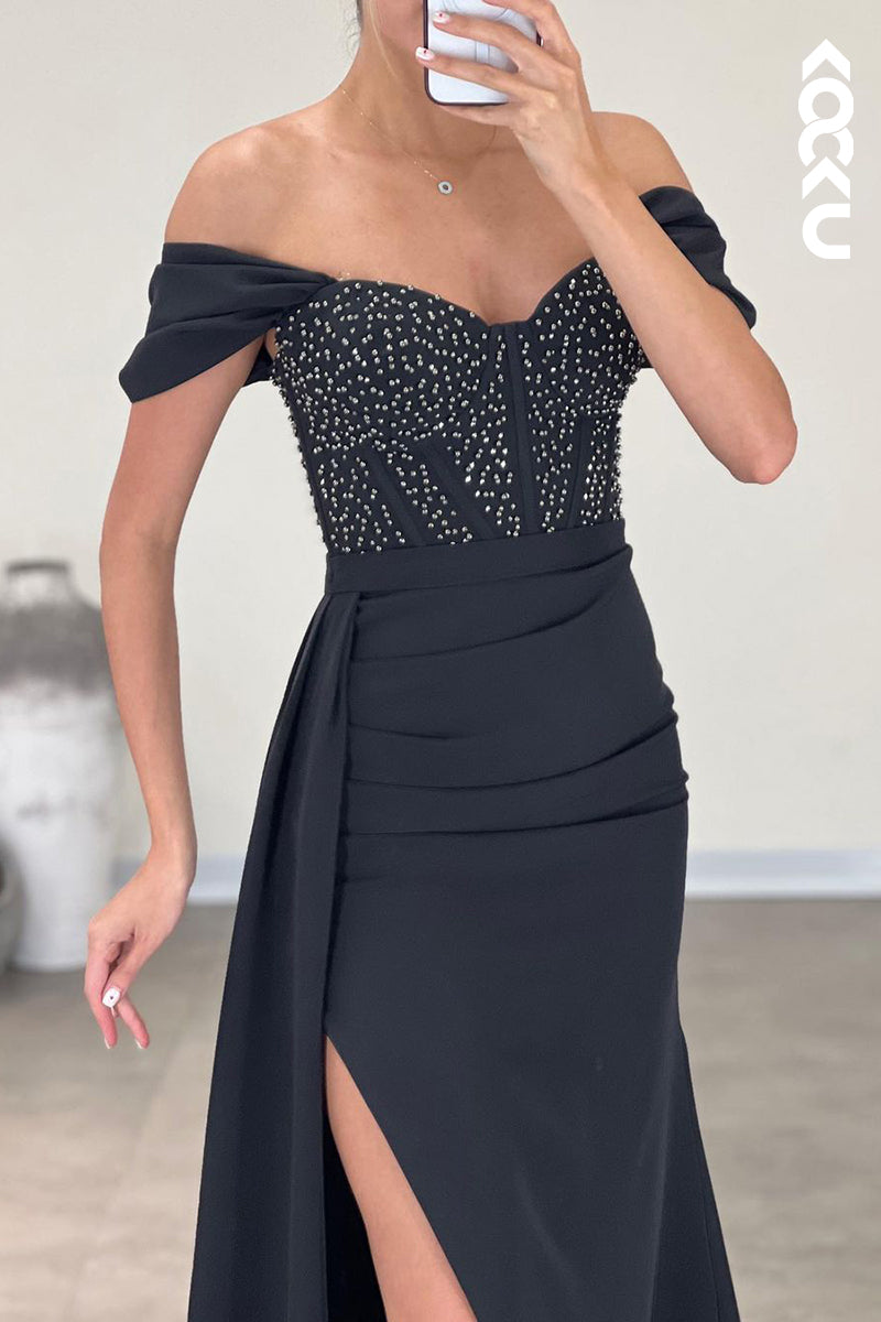 L2394 - Simple Off-Shoulder Cap sleeves Slit Rhinestone Beaded Formal Prom Dress