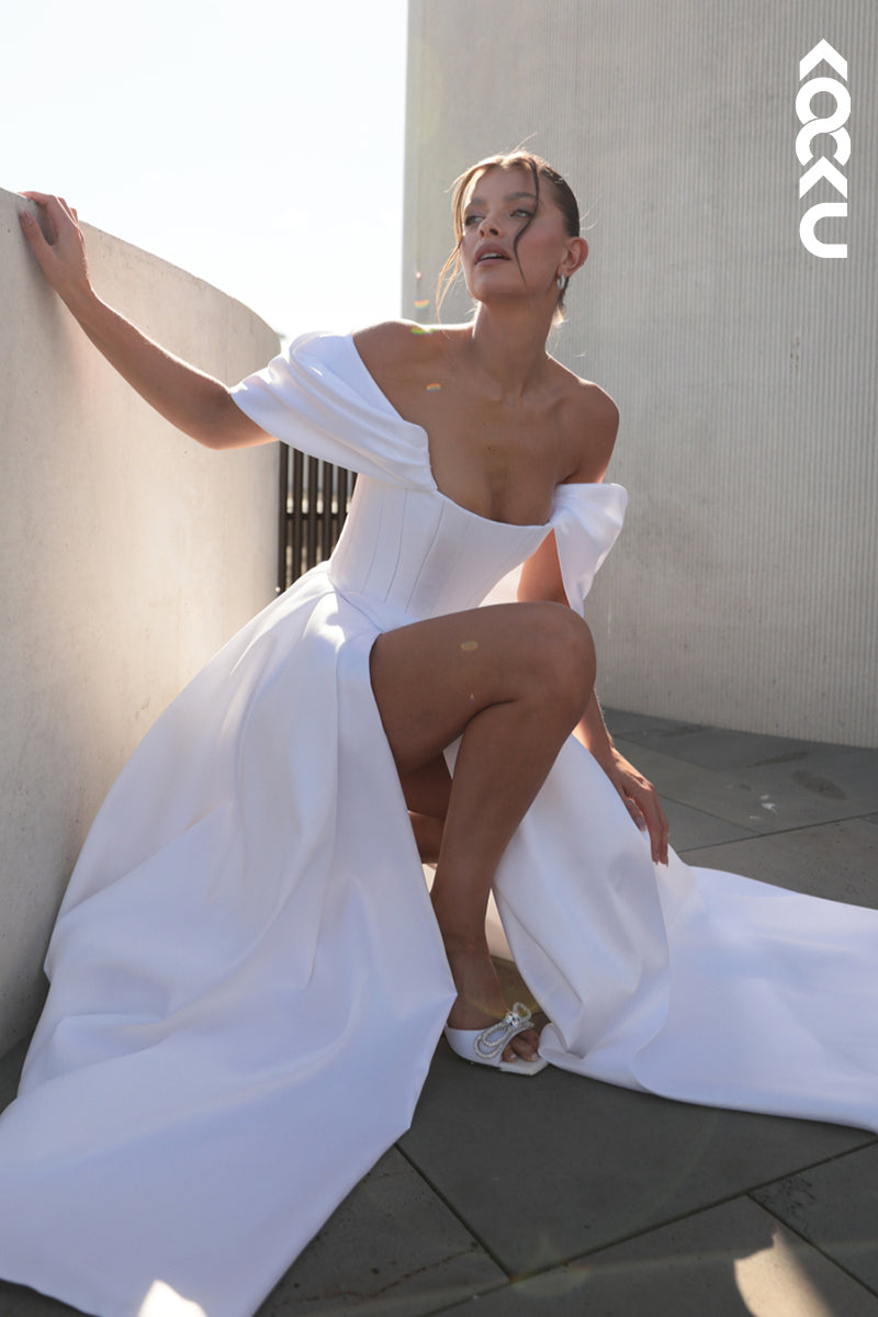 K1908 - Classic & Timeless Off-Shoulder Cap Sleeves Side Slit A-line Wedding Dress