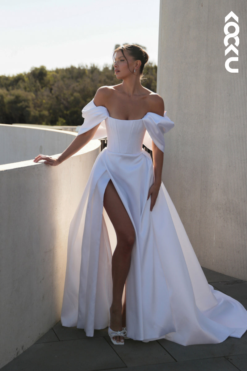 K1908 - Classic & Timeless Off-Shoulder Cap Sleeves Side Slit A-line Wedding Dress