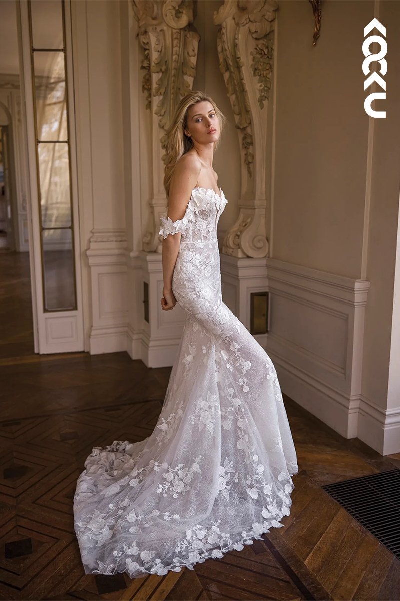 K1913 - Gorgeous & Charming V-Neck Cap Sleeves Mermaid Lace Applique Wedding Dress