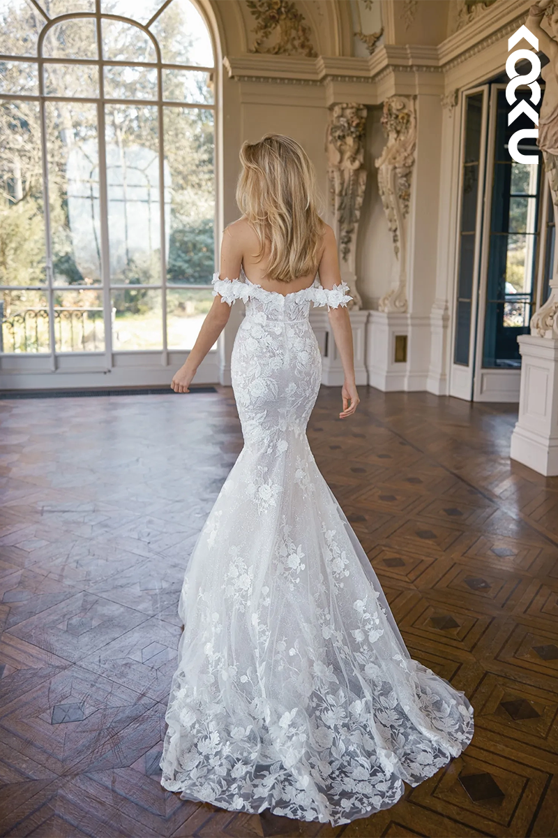 K1913 - Gorgeous & Charming V-Neck Cap Sleeves Mermaid Lace Applique Wedding Dress