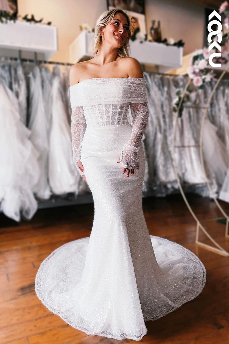 K1961 - Gorgeous & Charming Off-Shoulder Long Sleeves Mermaid Tulle Wedding Dress