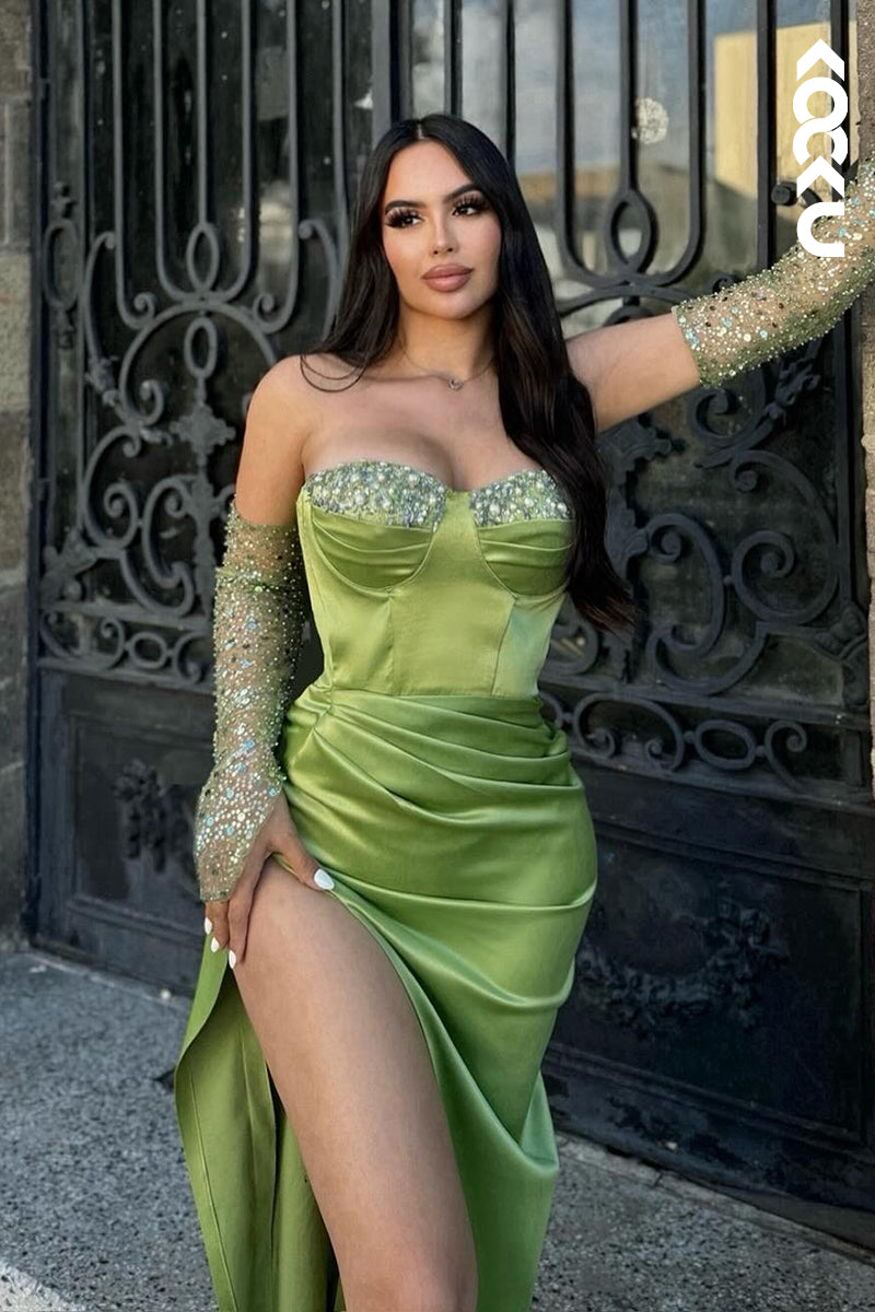 L2933 - Chic & Modern Off-Shoudler Long Sleeves Side Slit Ruched Rhinestones Prom Dress