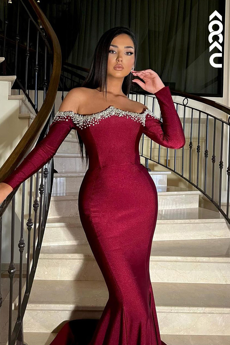 L2643 - Elegant & Luxurious Off-Shoulder Long Sleeves Mermaid Evening Party Prom Dress With Rhinestones