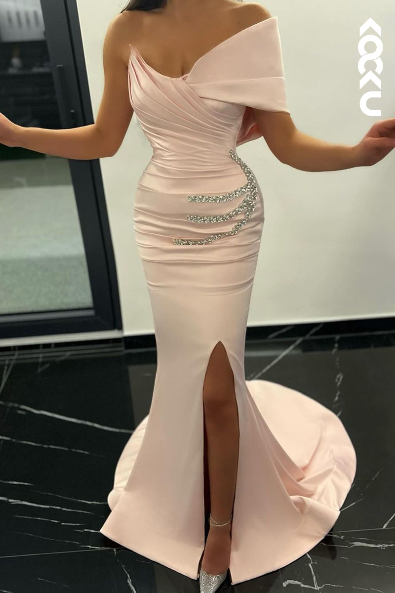 L2362 - Simple & Elegant Off-Shoulder Cap Sleeves Rhinestone Slit Trumpet Party Prom Dress