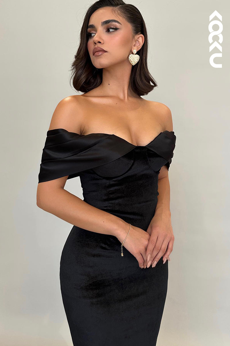L2222 - Simple & Elegant Off-Shoulder Cap Sleeves Trumpet Formal Prom Dress