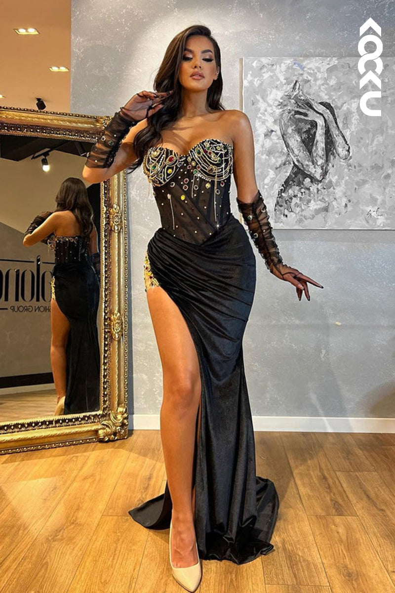 L2457 - Glamorous & Dramatic Off-Shoulder Side Slit Rhinestones Sleeveless Sheath Prom Dress