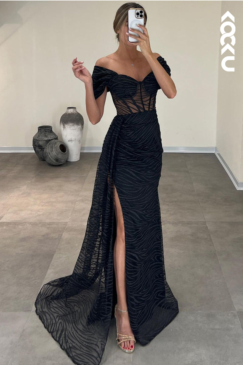 L2393 - Glamorous & Dramatic Off-Shoulder Cap-Sleeves Sheath Slit Prom Dress