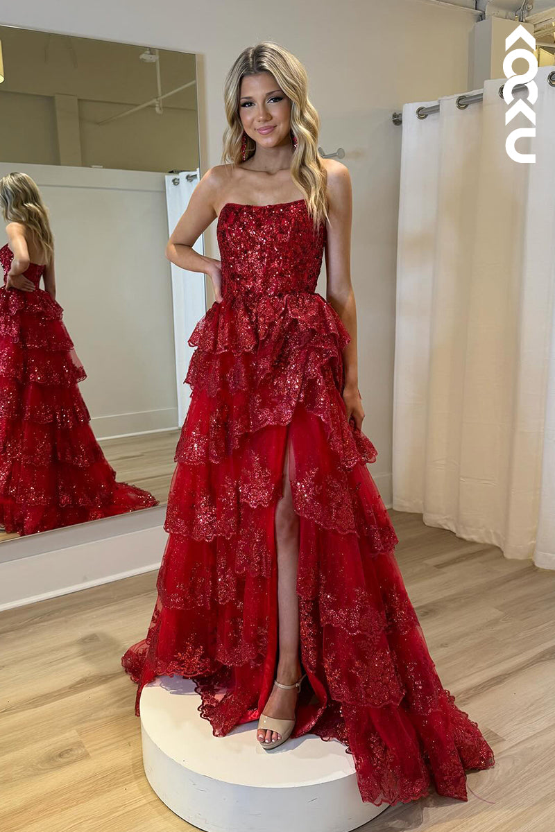 L2786 - Glamorous & Dramatic Off-Shoudler Sparkly A-Line Sleeveless Slit Party Prom Dress