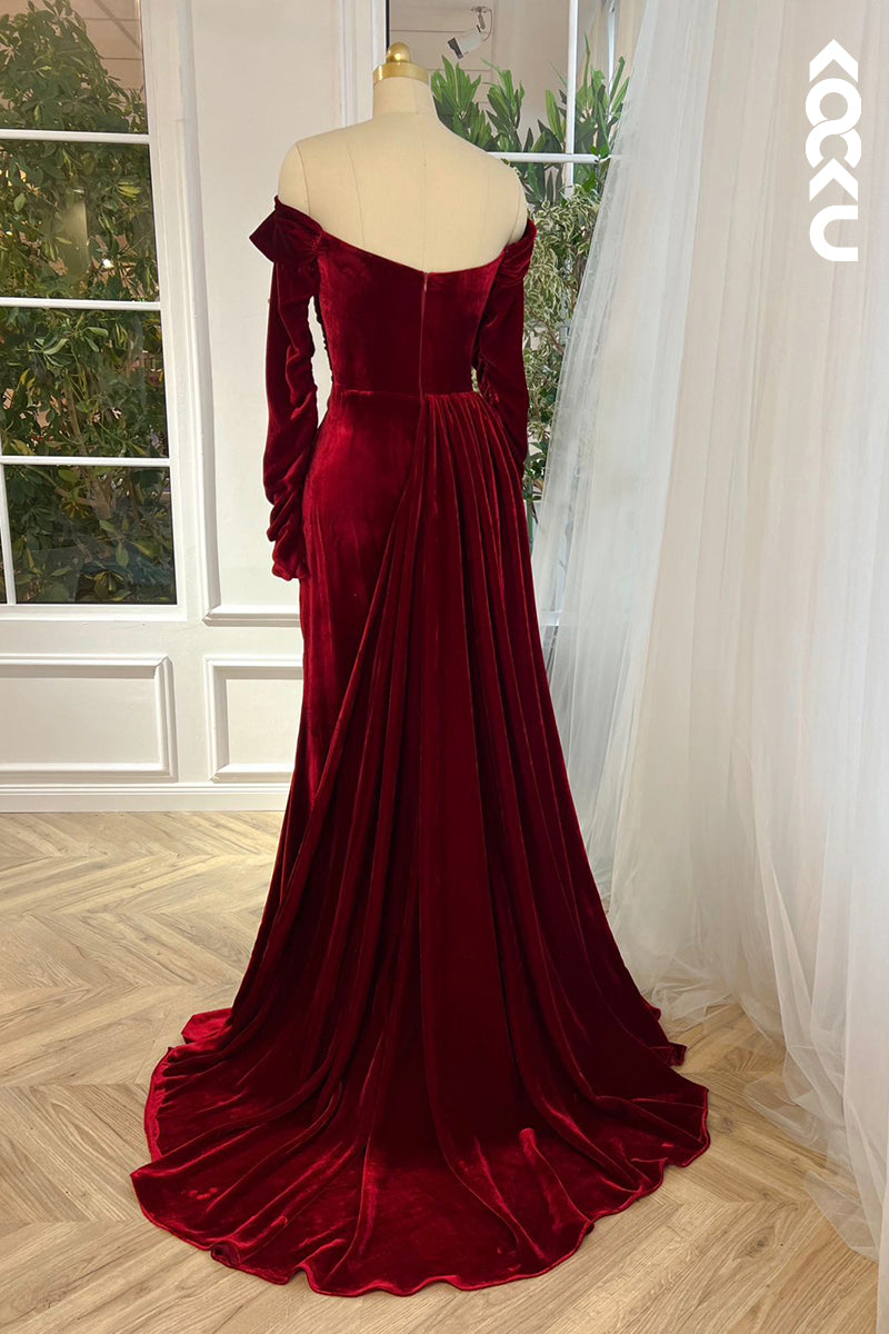 L2425 - Elegant Red Off-Shoudler Long Sleeves Ruched Slit Prom Dress With Flower
