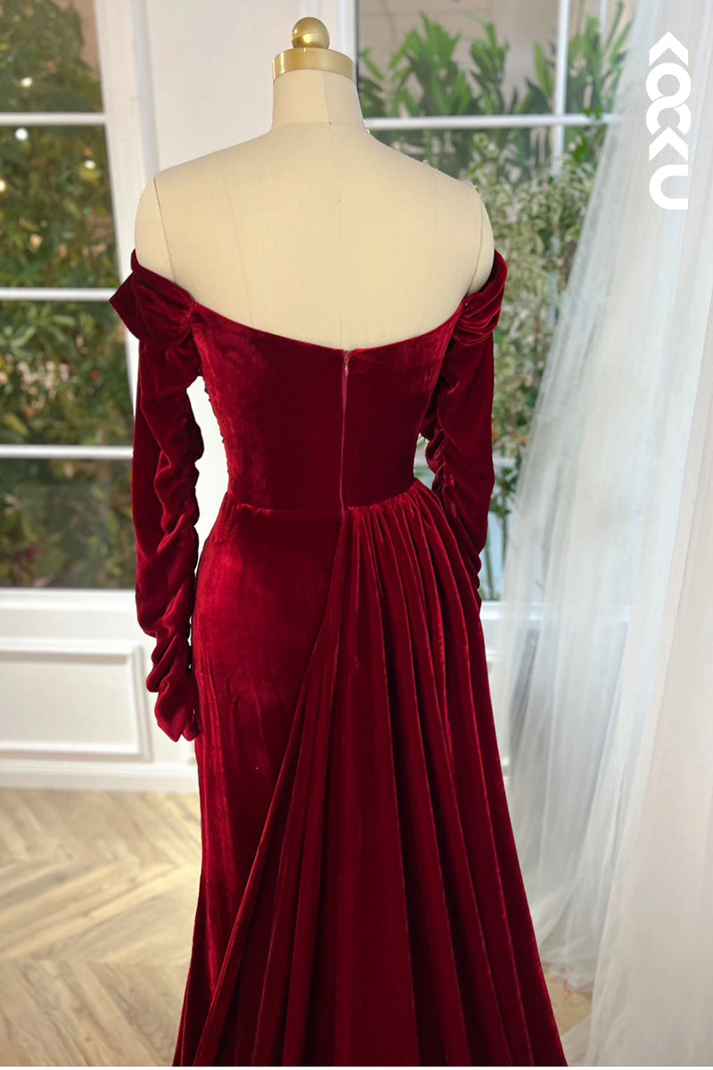 L2425 - Elegant Red Off-Shoudler Long Sleeves Ruched Slit Prom Dress With Flower