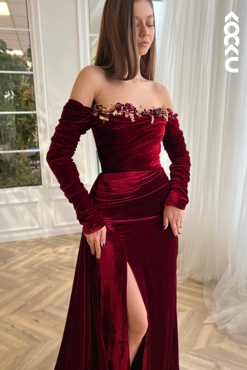 L2425 - Elegant Red Off-Shoudler Long Sleeves Ruched Slit Prom Dress With Flower