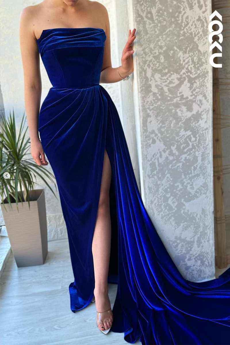 L2418 - Simple & Casual Off-Shoulder Sleeveless Ruched Side Slit Formal Prom Dress