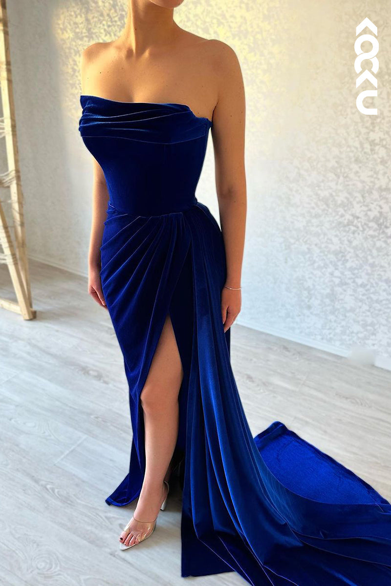 L2418 - Simple & Casual Off-Shoulder Sleeveless Ruched Side Slit Formal Prom Dress