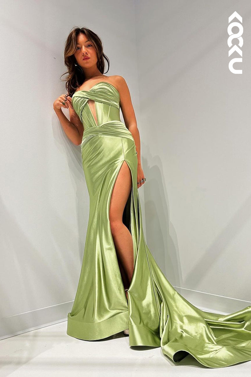 L2670 - Chic & Modern Off-Shoulder Sleeveles Side Slit Ruched Mermaid Formal Prom Dress