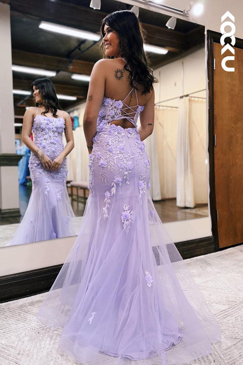 L2229 - Floral Embossed Spaghetti Straps Mermaid Tulle Party Prom Dress