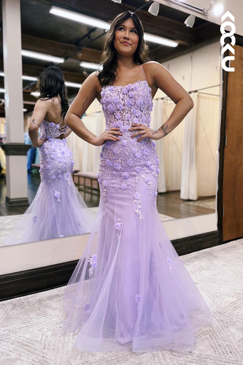 L2229 - Floral Embossed Spaghetti Straps Mermaid Tulle Party Prom Dress