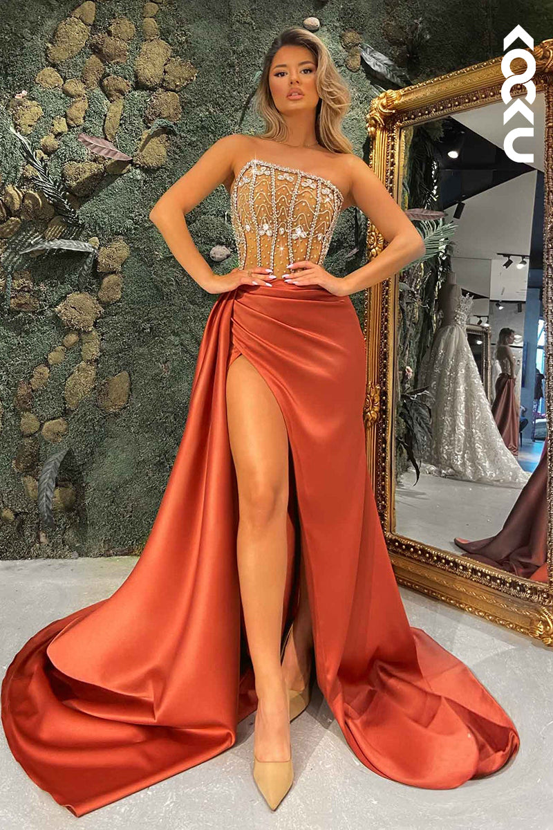 L2444 - Elegant & Luxurious Strapless Sleeveless Mermaid Side Slit Formal Prom Dress With Rhinestones