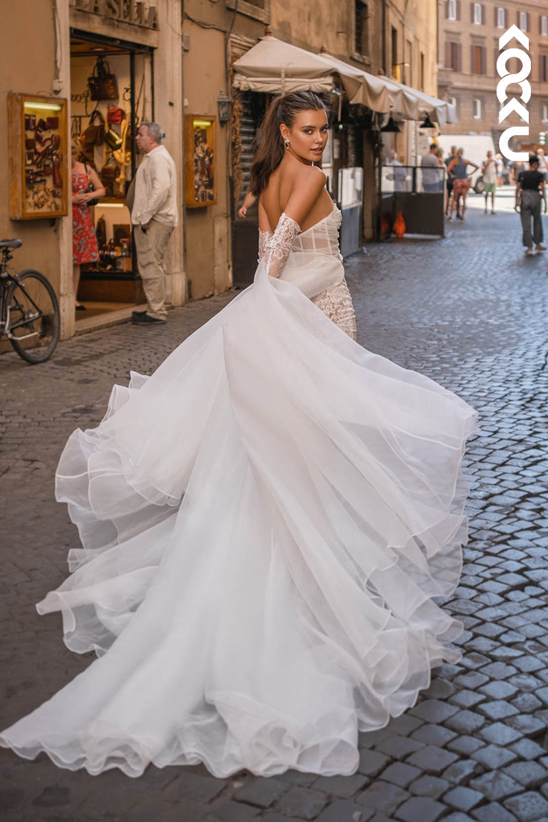 K1912 - Simple & Elegant Off-Shoulder Sleeveless Side Slit A-Line Tulle Wedding Dress