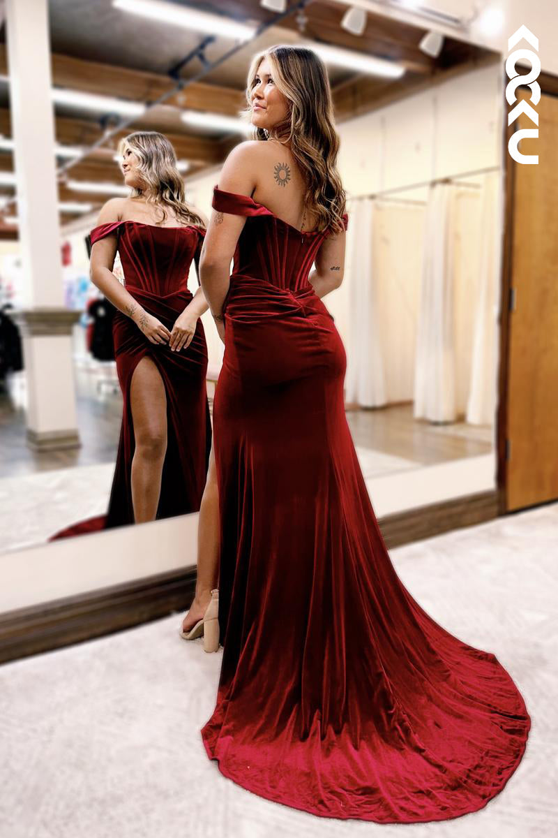 L2600 - Simple & CasualOff-Shoulder Sleeveless Side Slit Formal Prom Dress