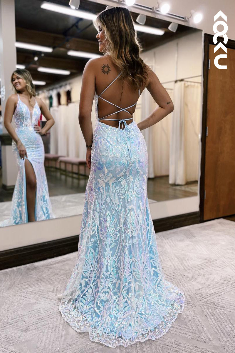L2228 - Sexy Deep V- Neck Straps Slit Mermaid Applique Party Prom Dress