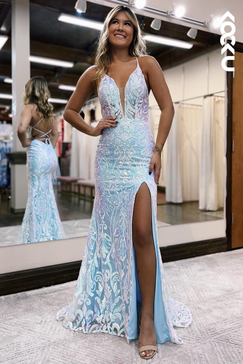 L2228 - Sexy Deep V- Neck Straps Slit Mermaid Applique Party Prom Dress