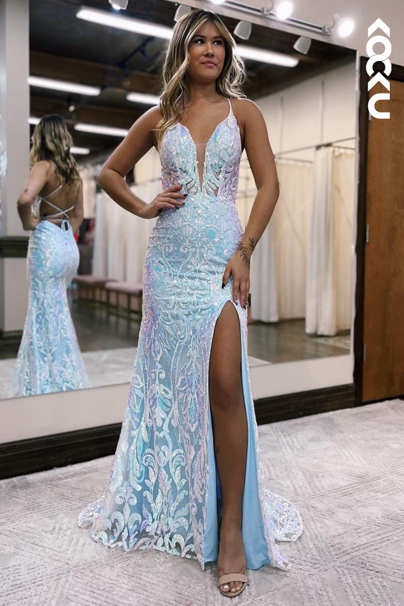 L2228 - Sexy Deep V- Neck Straps Slit Mermaid Applique Party Prom Dress