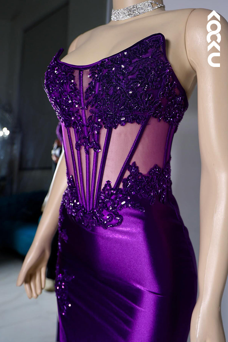 L2808 - Elegant & Luxurious Scoop Sleeveless Sheath Side Slit Lace Appilque Evening Prom Dress