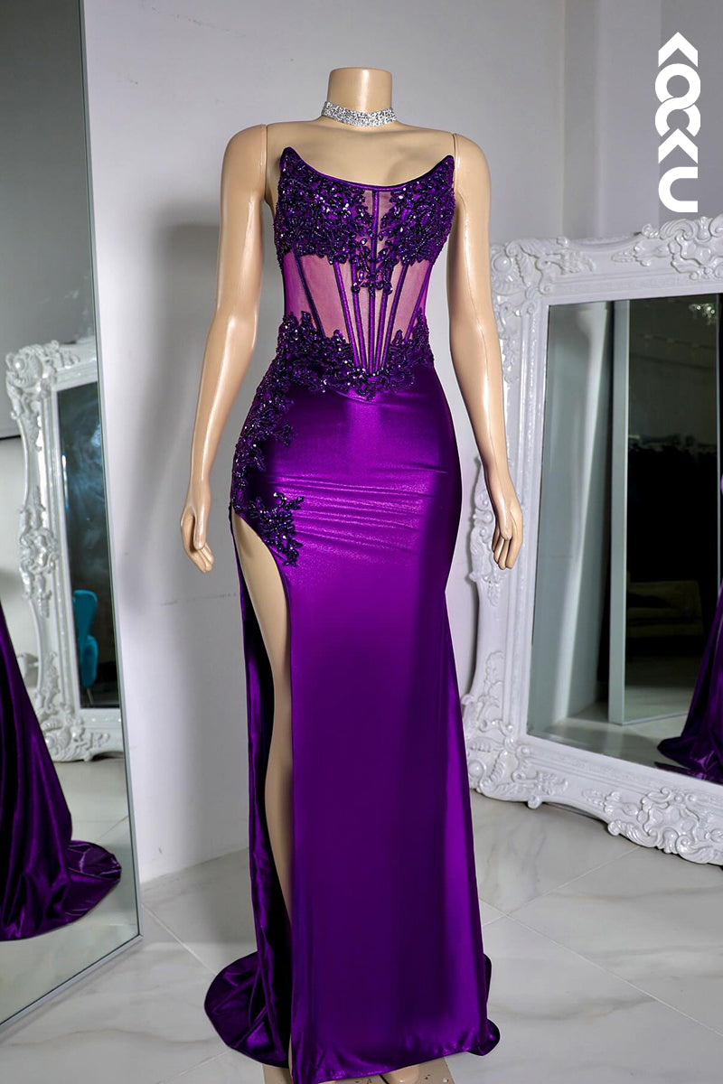 L2808 - Elegant & Luxurious Scoop Sleeveless Sheath Side Slit Lace Appilque Evening Prom Dress