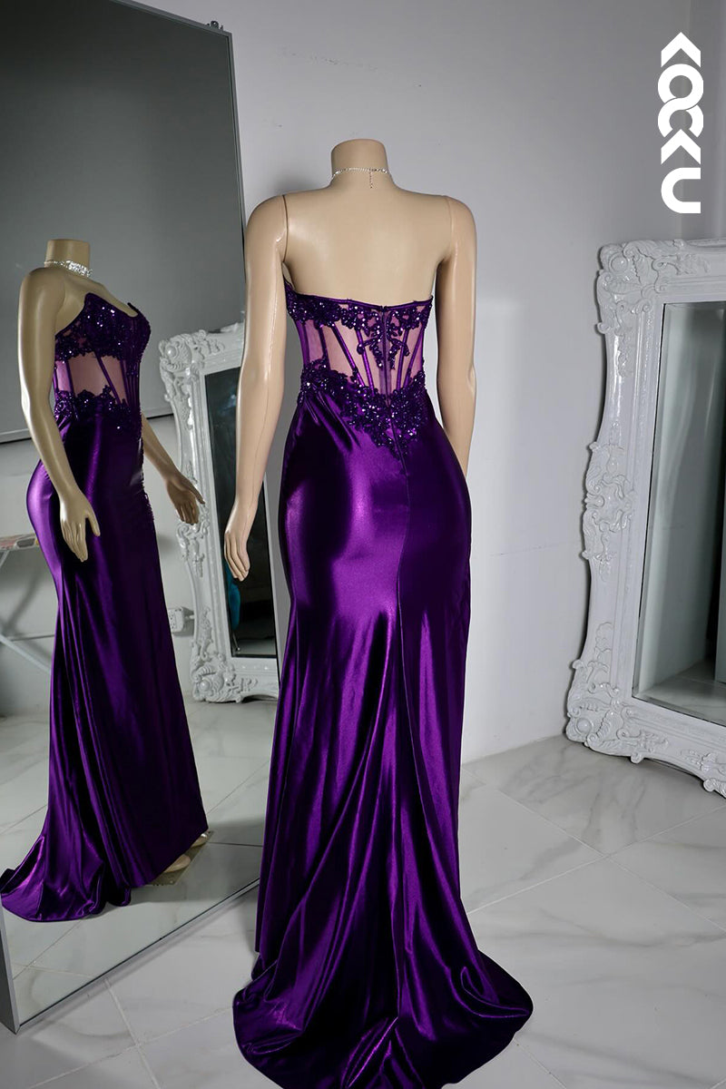 L2808 - Elegant & Luxurious Scoop Sleeveless Sheath Side Slit Lace Appilque Evening Prom Dress