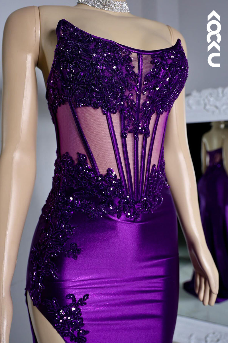 L2808 - Elegant & Luxurious Scoop Sleeveless Sheath Side Slit Lace Appilque Evening Prom Dress