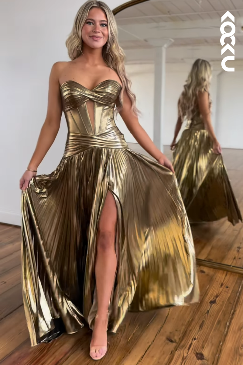L2738 - Couture & Ornate Off-Shoulder A-line Sleeveless Side Slit Party Prom Dress