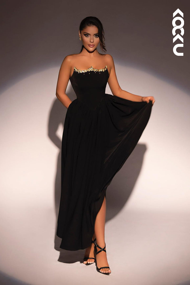 L2898 - Couture & Ornate Off-Shoulder Sleeveless A-Line Evening Party Prom Dress With Rhinestones