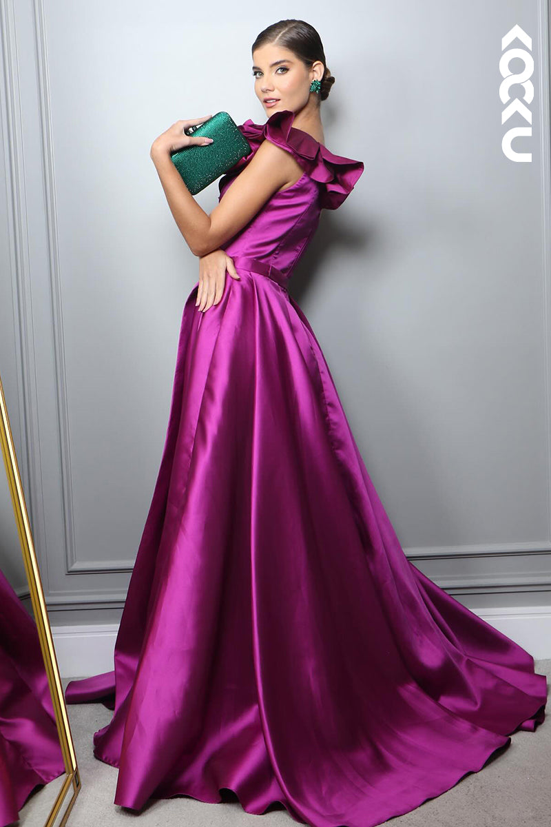 L2843 - Couture & Ornate A-Line One Shoudler Sleeveless Side Slit Ruffles Formal Prom Dress