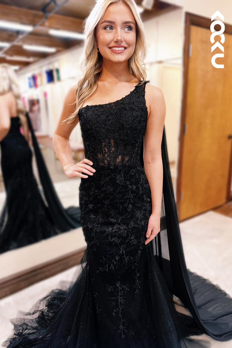 L2858 - Chic & ModernTrumpet/Mermaid One Shoulder Sleeveless Tulle Evening Party Prom Dress