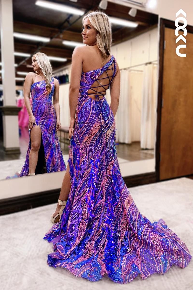 L2870 - Gorgeous & Charming Trumpet/Mermaid One Shoulder Sleeveless Side Slit Sequins Prom Dress
